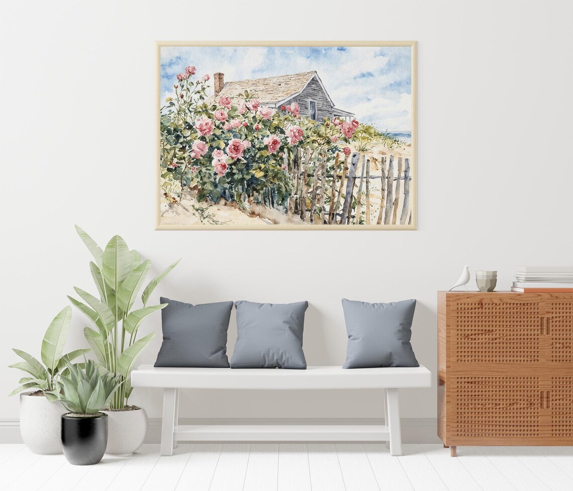 Beach House Watercolor Print, Cape Cod Roses Garden - Image 4