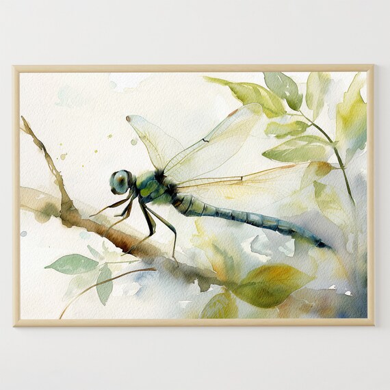 Dragonfly Watercolor Painting Green Leaves Art Print Insect Poster Calming Green Wall Art