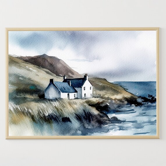 Isle Of Skye Seaside Cottage Watercolor Coastal Cliffs Ocean View Poster