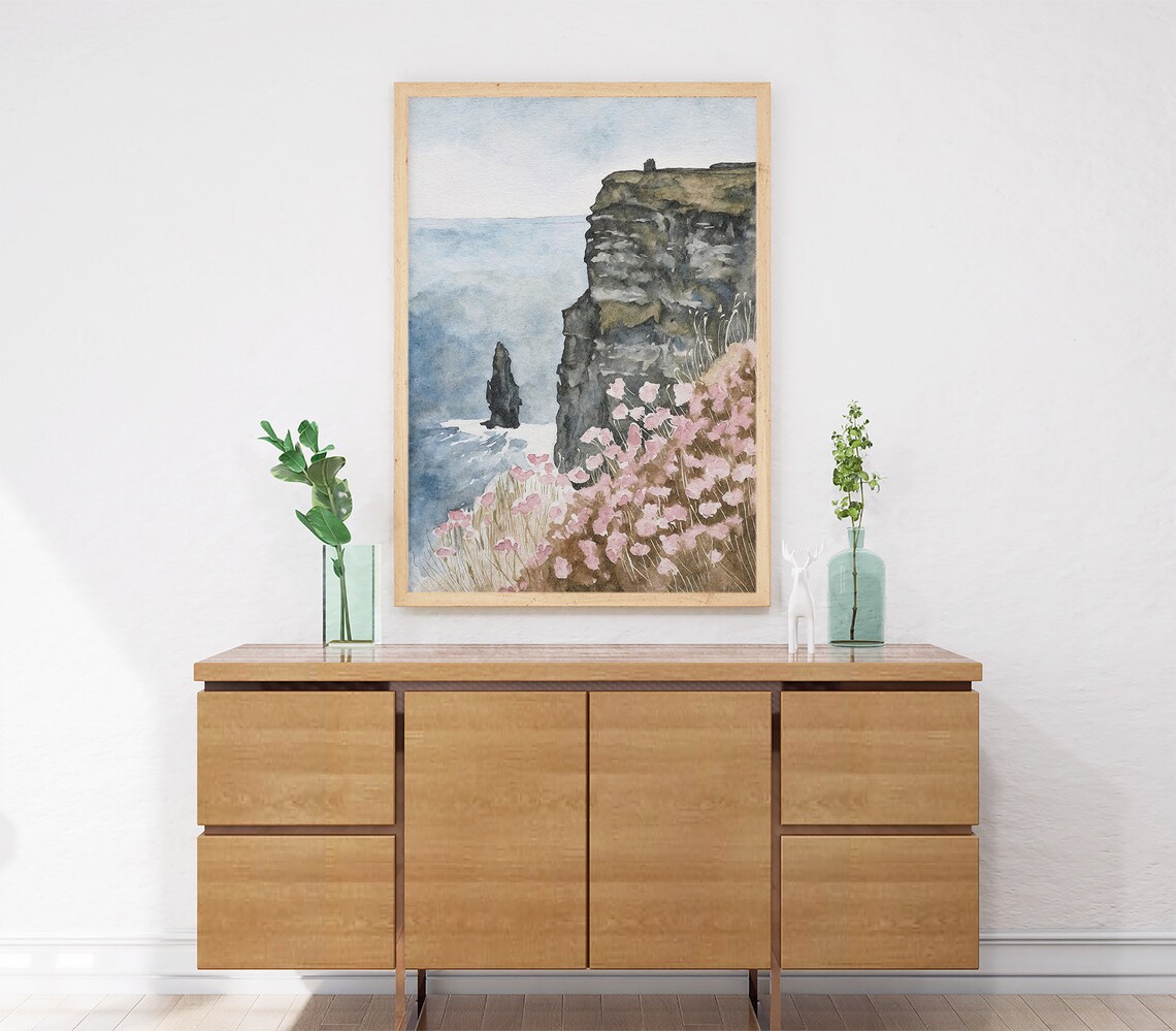 Cliffs Of Moher Sea Stack Pink Wildflowers Watercolor Ireland Art Poster - Image 2