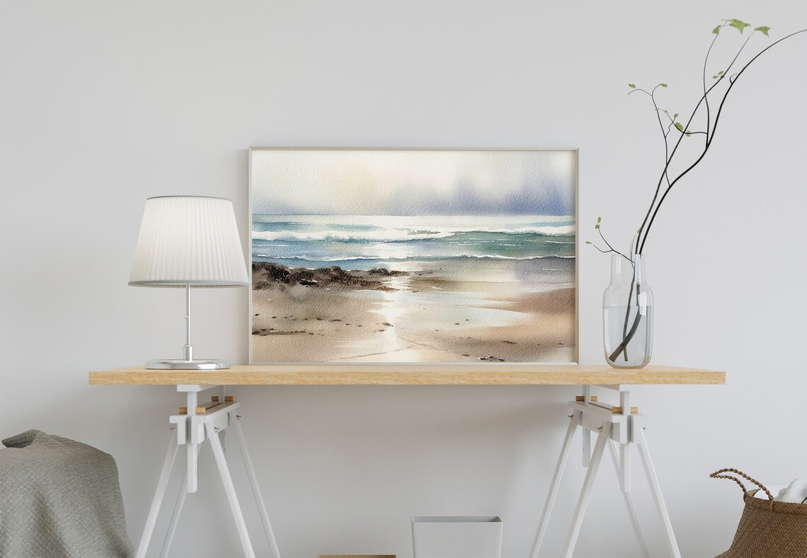 Ocean Beach Seascape Watercolor Art Print, Nautical - Image 2