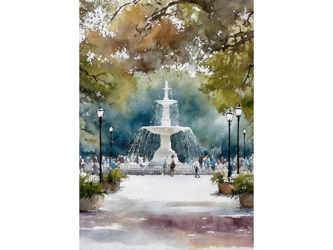Savannah Forsyth Park Fountain Watercolor Print Georgia Oak Trees Art