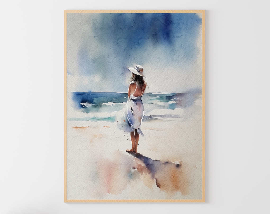 Girl On Beach Watercolor Art Print, Romantic Poster