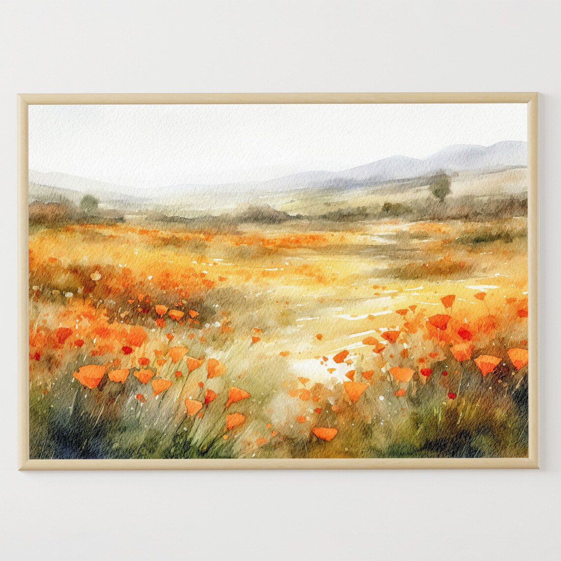 California Poppy Watercolor Art Print, California Valley