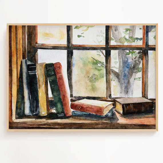 Old Books Watercolor Art Print, Farmhouse Library