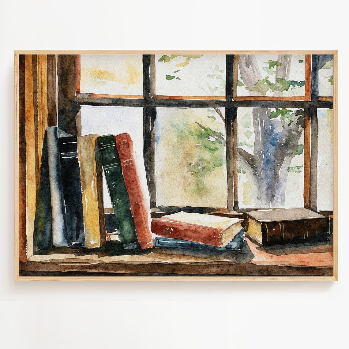 Old Books Watercolor Art Print, Farmhouse Library