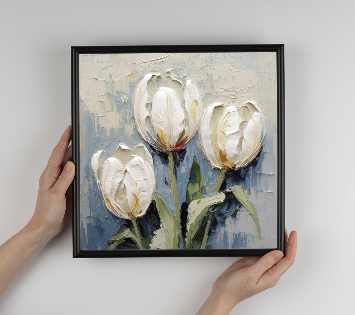 White Tulips Oil Painting Floral Wall Art Print - Image 4