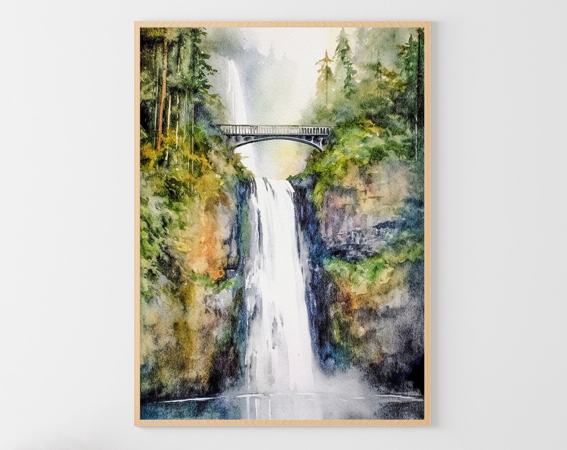 Multnomah Falls Watercolor Art Print, Oregon Landscape