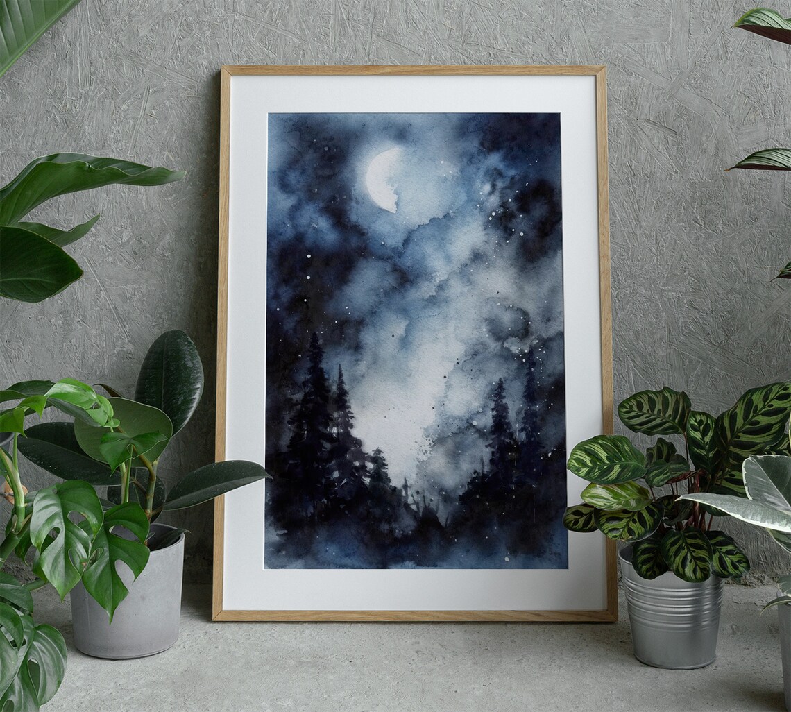 Full Moon Landscape Night Forest Watercolor Pine Trees Wall Art Moon Art Print - Image 3
