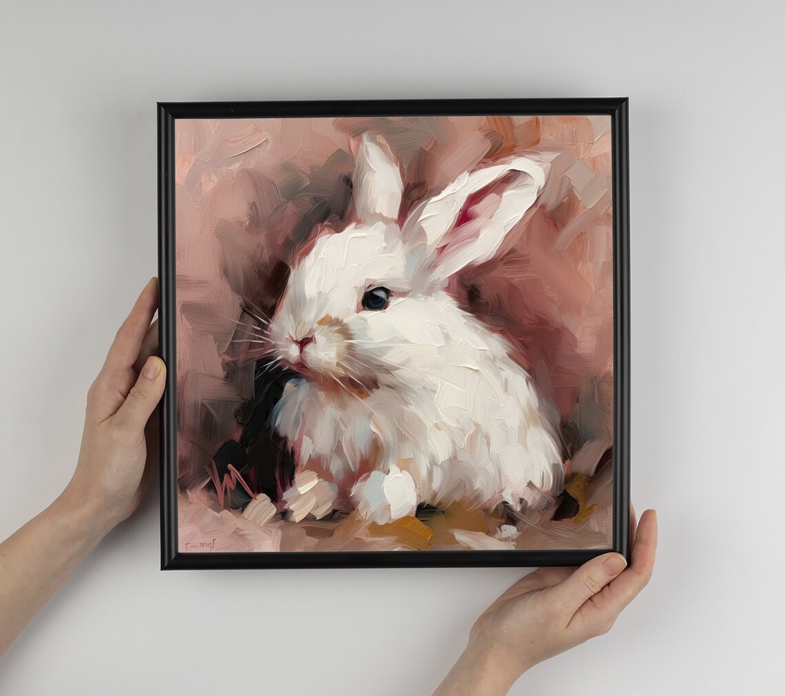 White Bunny Rabbit Impasto Oil Painting Cute Baby Rabbit Animal Art Poster - Image 2