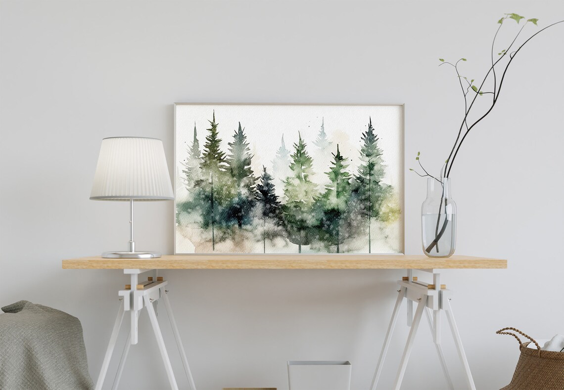 Pine Forest Watercolor Art Print, Foggy Evergreens - Image 3