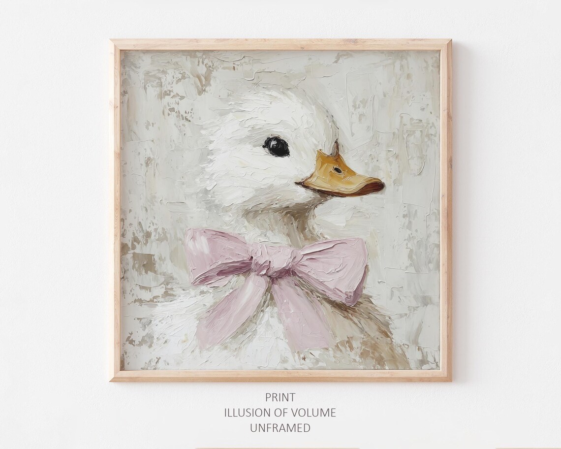 Ducky Oil Painting, Pink Bow Kids Room Art Print