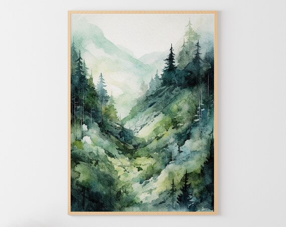 Mountain Forest Painting Pines Watercolor Pine Forest Wall Art Pine Trees Artwork Mountain Landscape