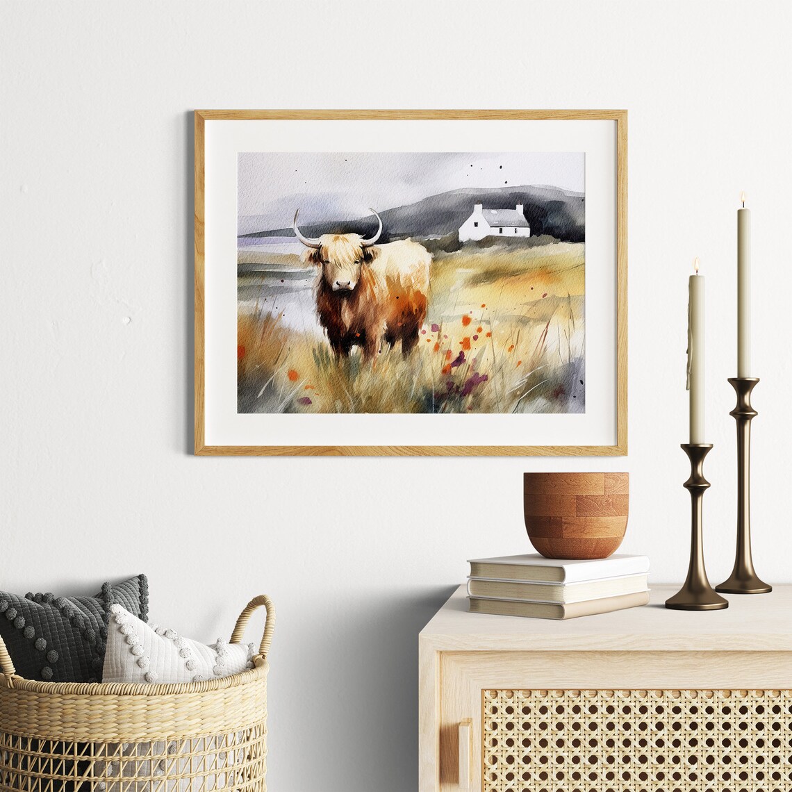 Highlands Cow Watercolor Art Print, Scotland Landscape - Image 5