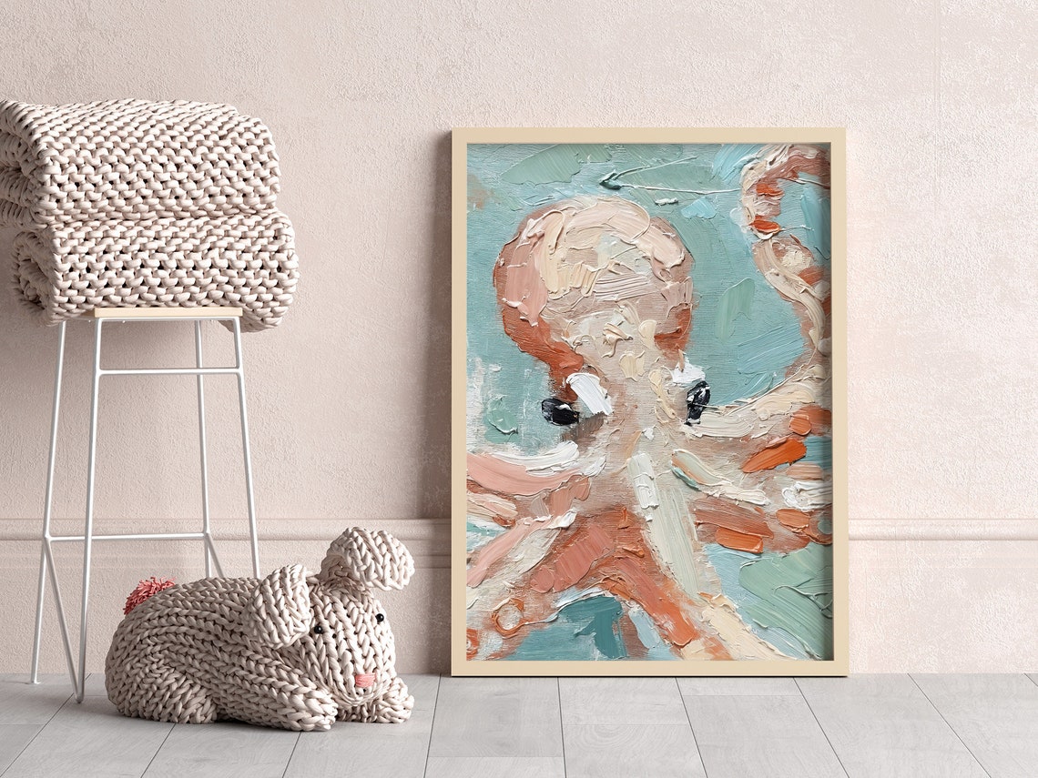 Octopus Impasto Oil Painting Teal Sea Creature Textured Art Print - Image 5
