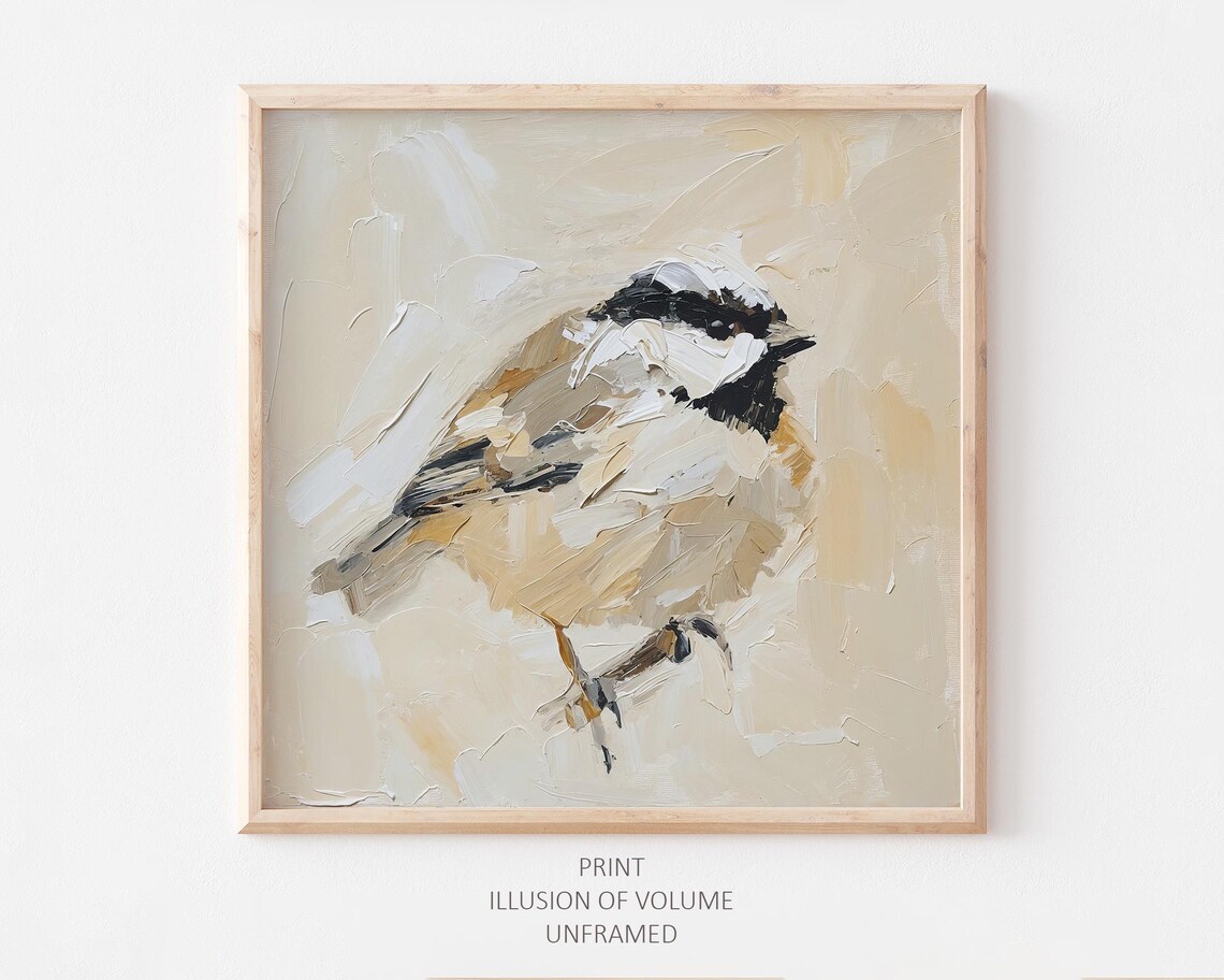 Titmouse Neutral Beige Minimalist Bird Art Print