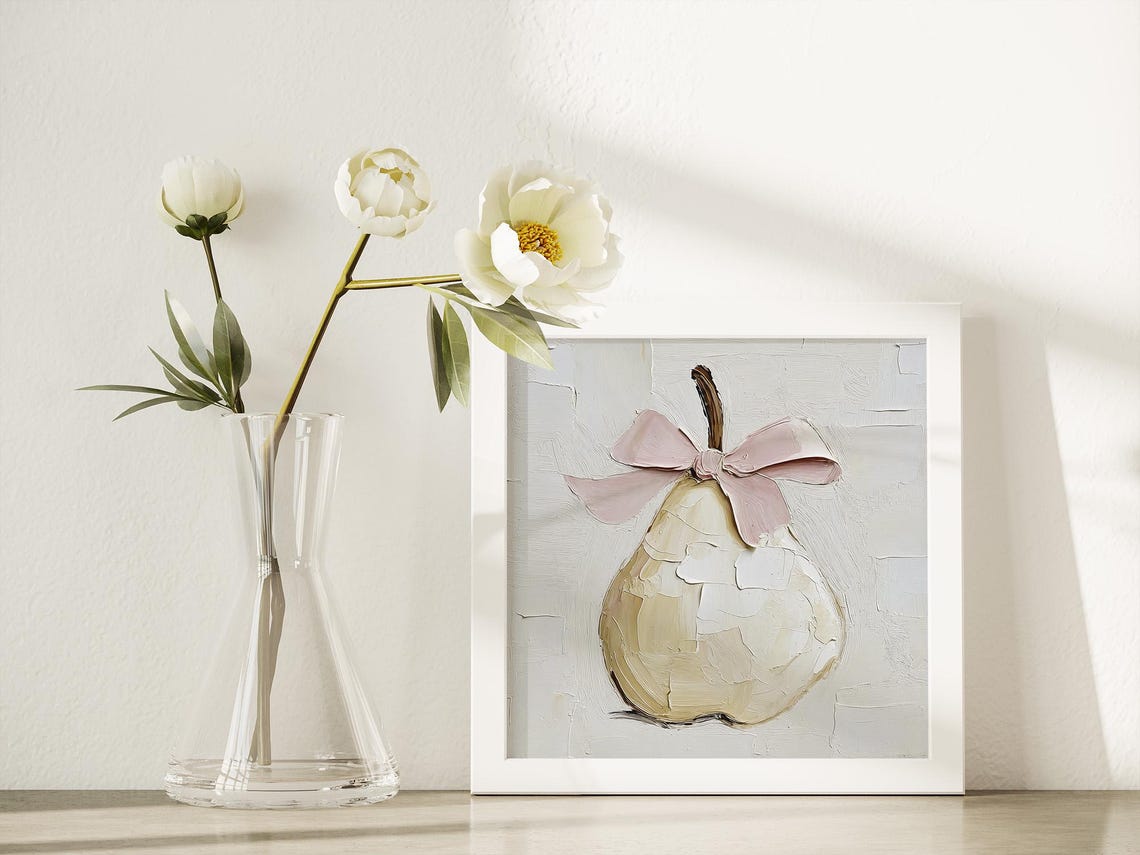 Pear With Pink Bow Oil Painting Cream Coquette Kitchen Wall Art Print - Image 3