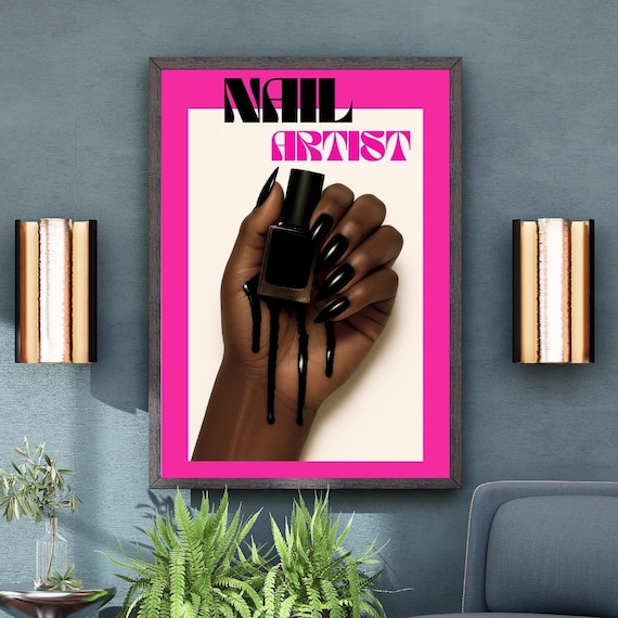 Bold Nail Artist Hot Pink Frame Black Polish Drip Salon Poster