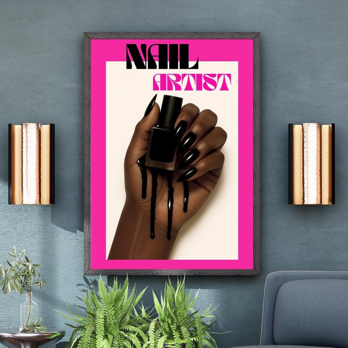 Bold Nail Artist Hot Pink Frame Black Polish Drip Salon Poster