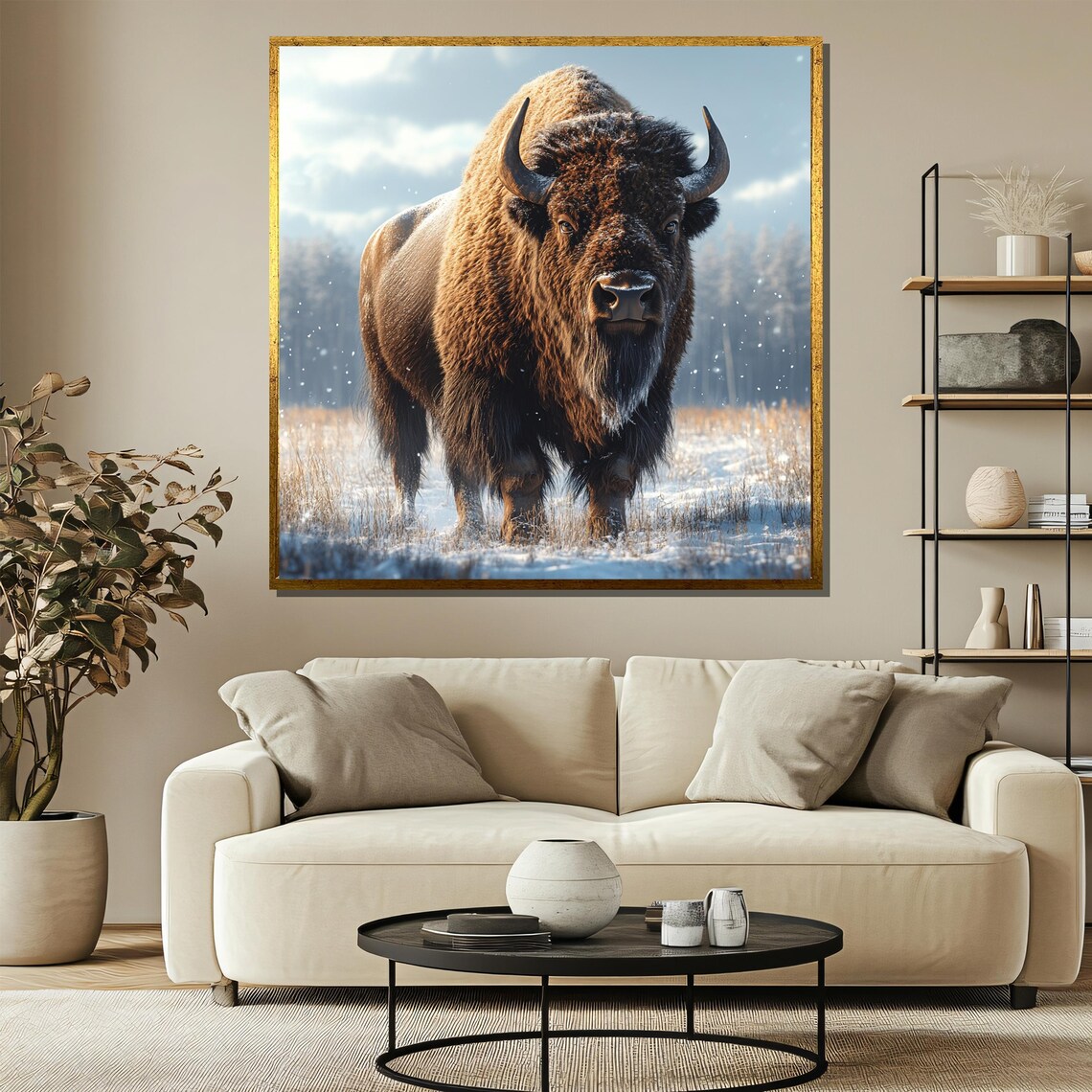 Bison Standing in a Snowy Field Realistic Winter Wildlife Poster - Image 3
