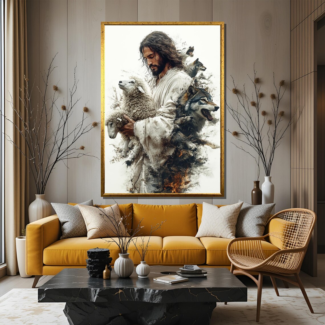 Jesus Protecting The Lamb, Spiritual Religious Art Print - Image 3