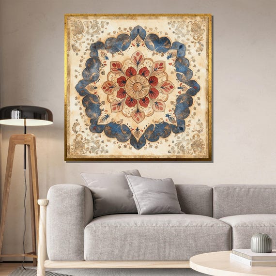 Vintage Mandala Floral Mandala Wall Art Beige And Blue Art Print Rustic Home Decor Islamic Geometric Pattern Boho Wall Gift
