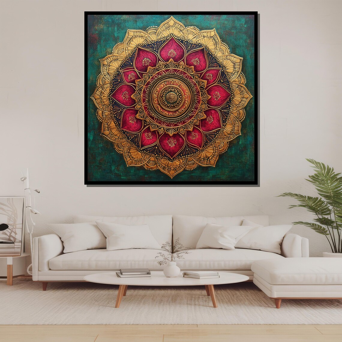 Intricate Red and Gold Mandala on Deep Teal Background Art Print - Image 2