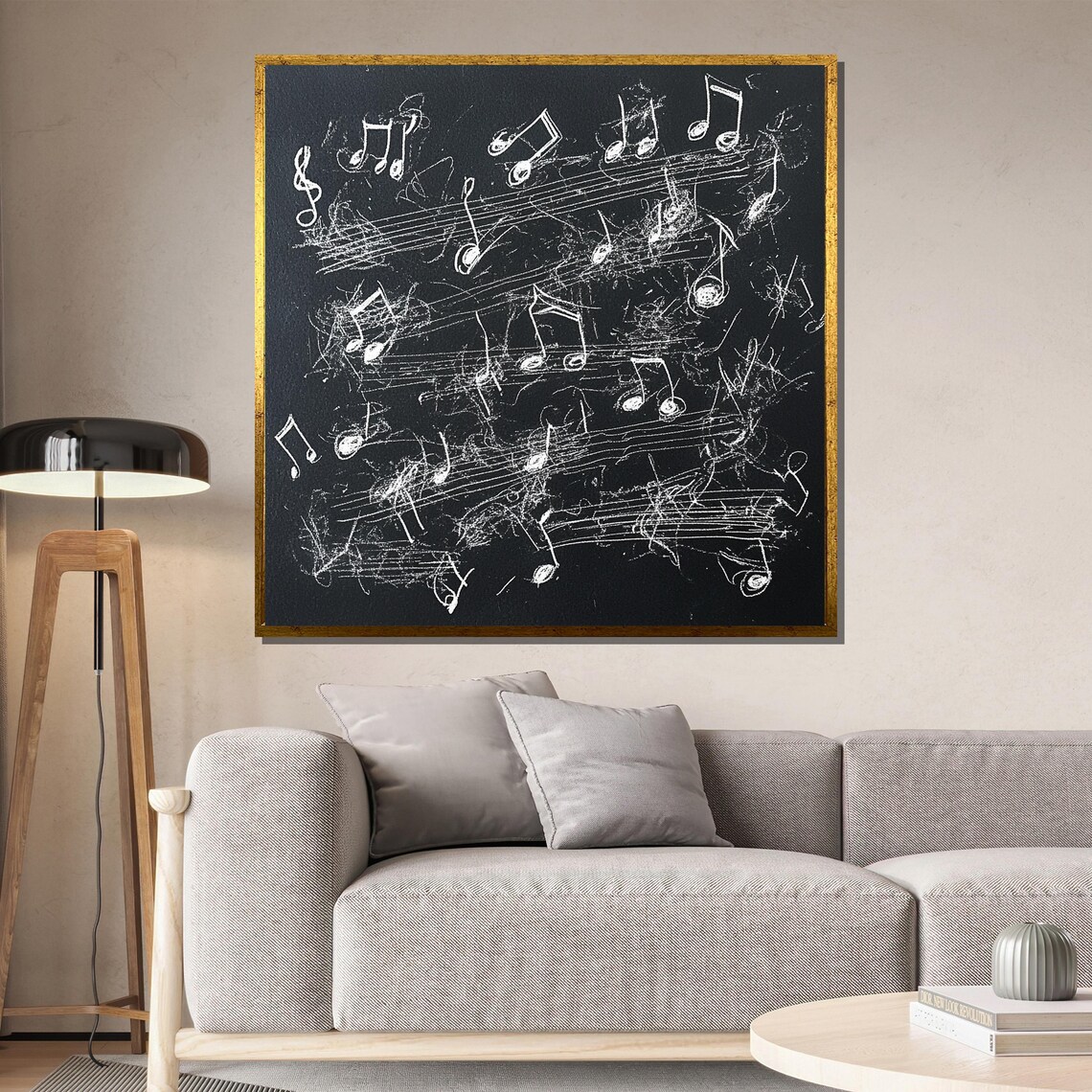 White Musical Notes on a Black Chalkboard Style Music Poster