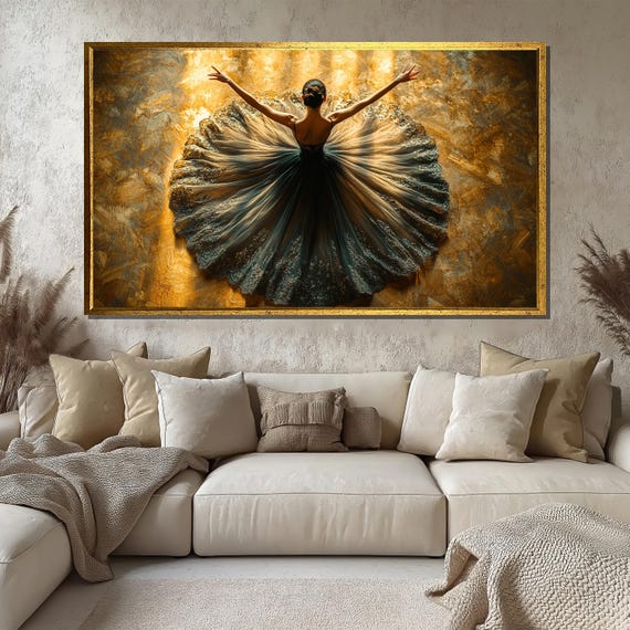 Ballet Painting Elegant Dancer Wall Art Gold Dress Artwork Large Wall Decor Ballerina Print Gift For Dance Enthusiasts