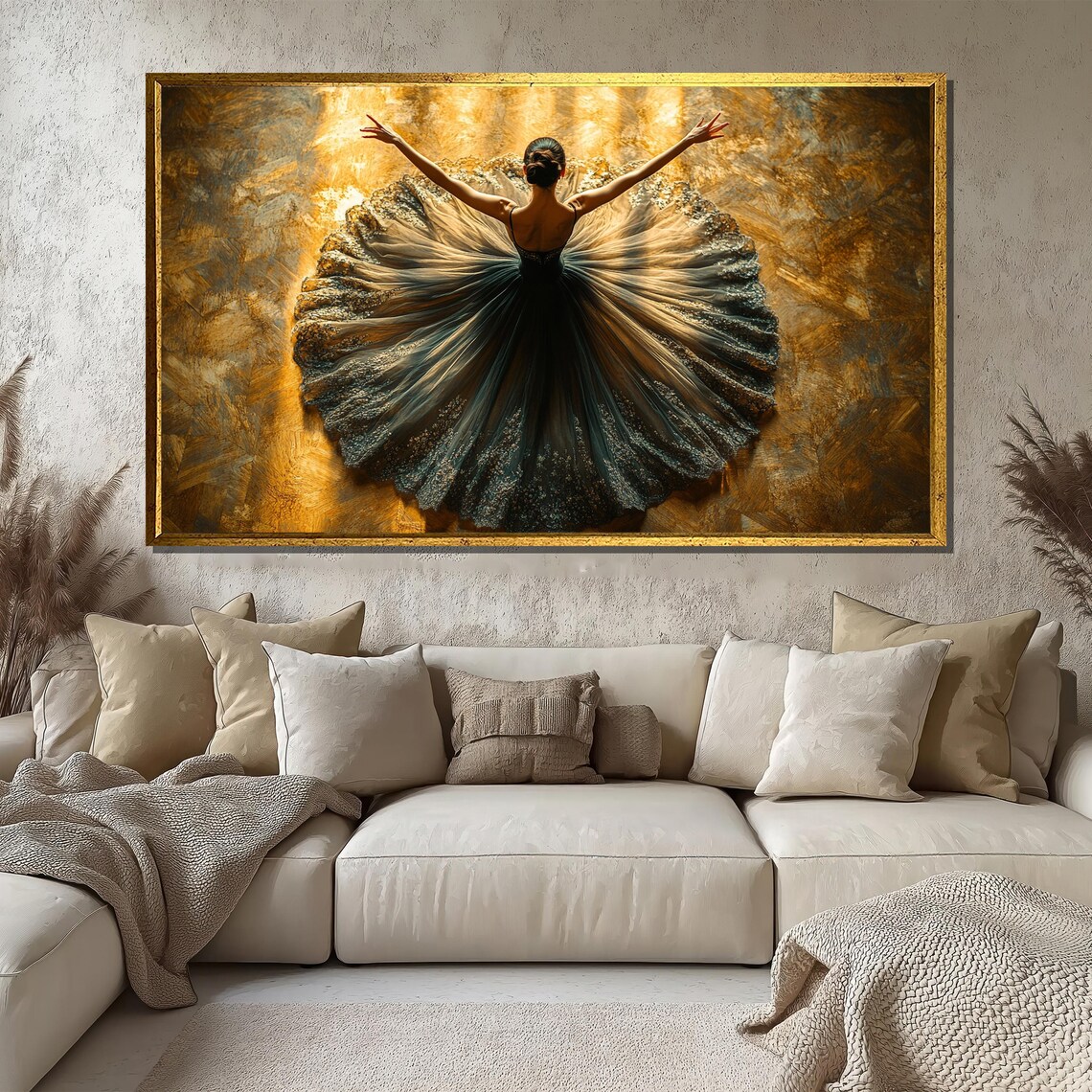 Ballerina in a Flowing Black Tutu on a Gold Background Poster