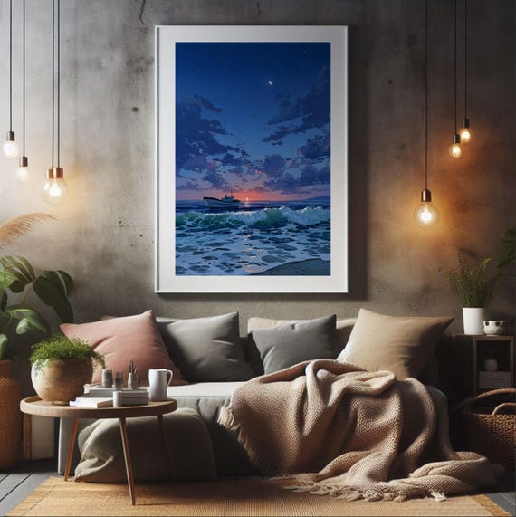 Ghibli Anime Seascape Print Evening Tide Ocean Sunset