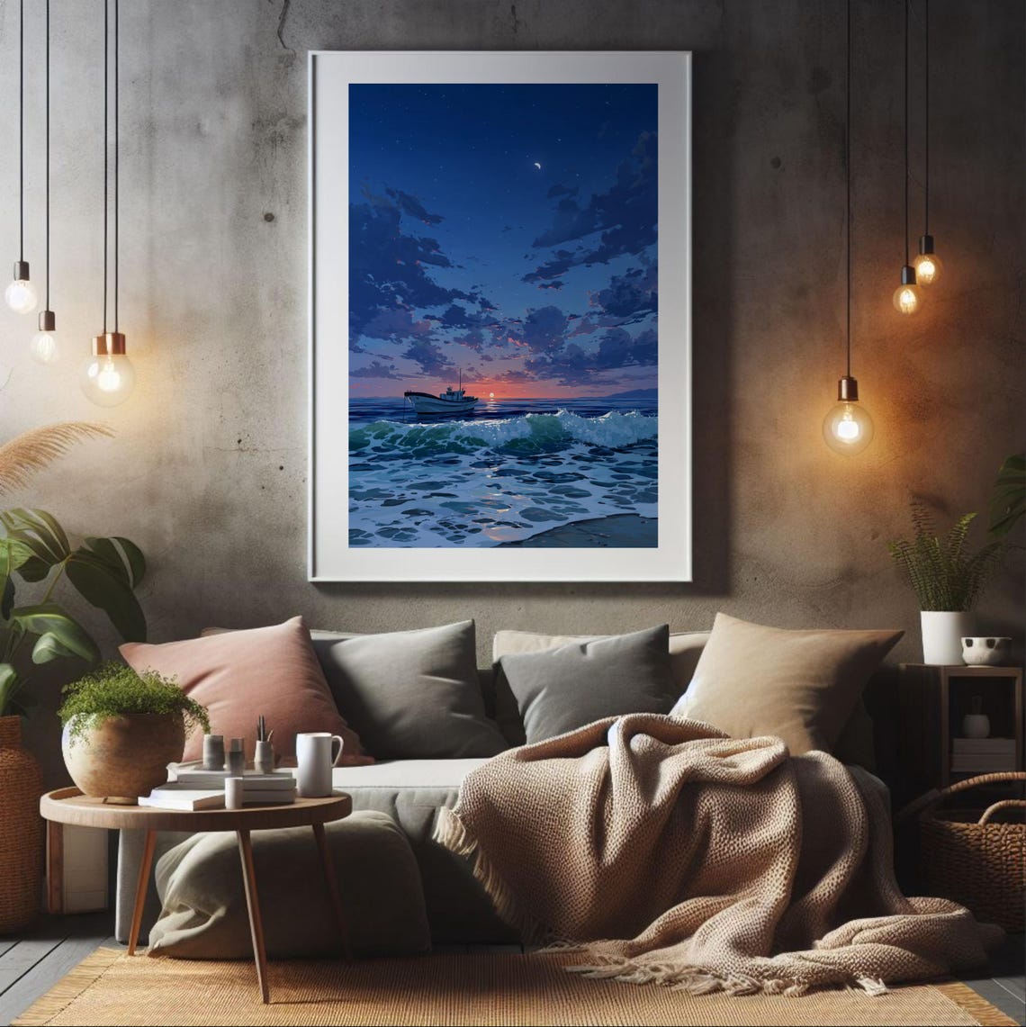 Anime Seascape Evening Tide Boat Ocean Sunset Anime Art Poster