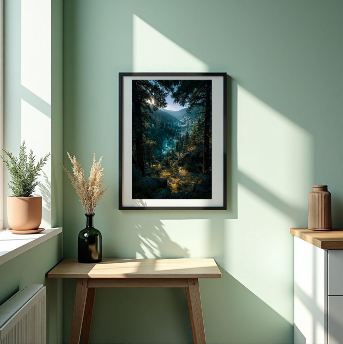Misty Forest Valley Sunbeams Tall Pine Trees Moody Nature Poster