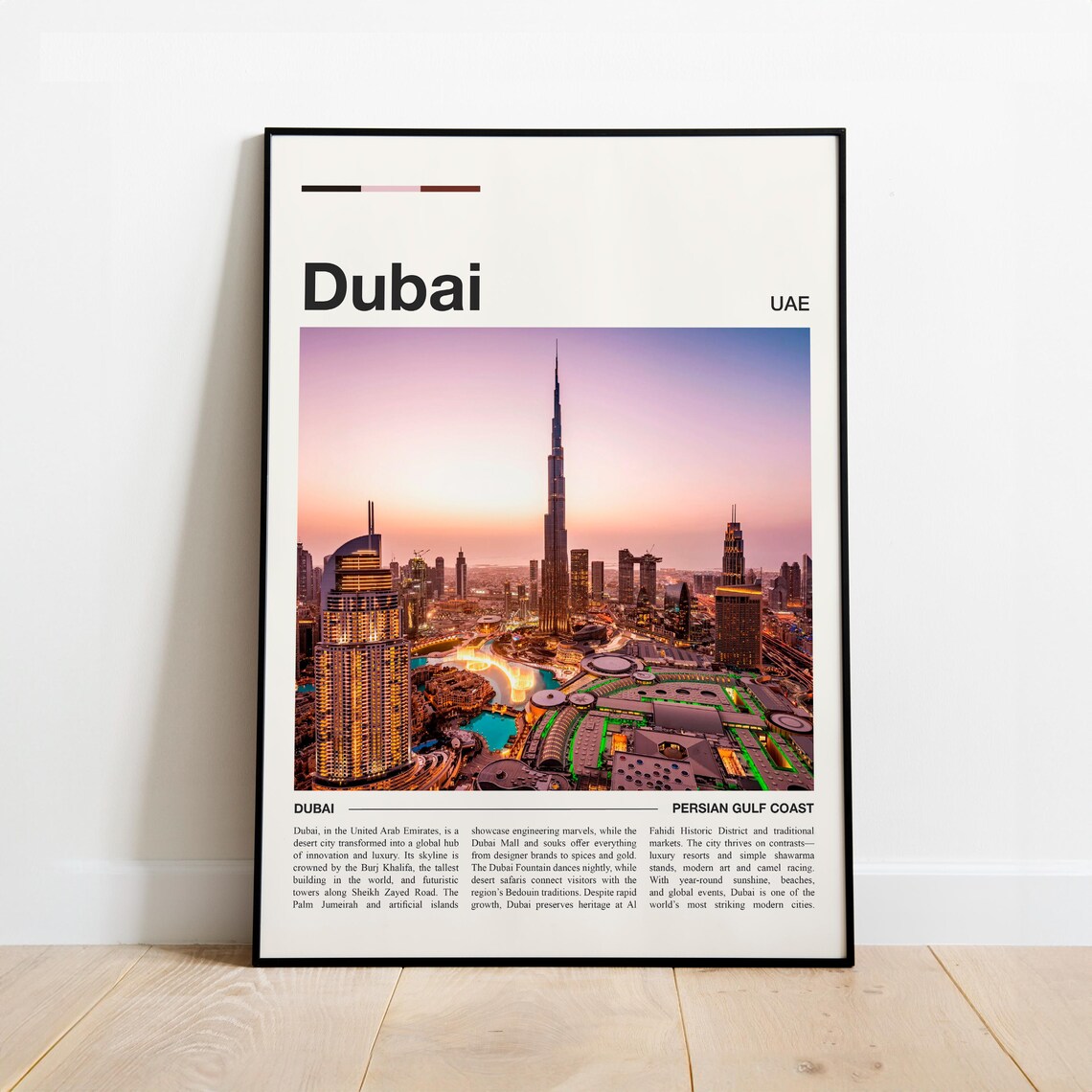 Dubai UAE Burj Khalifa Skyline Sunset Minimalist Travel Wall Art