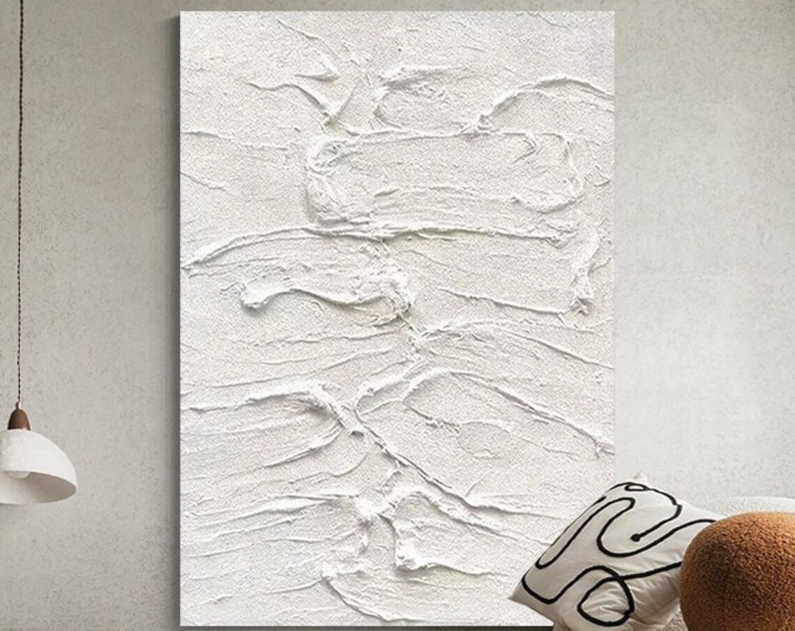 Thick Textured White Strokes Pattern Art Large Modern Hand Painted Palette Knife Painting White Simplistic Minimalism Abstract Wall Art
