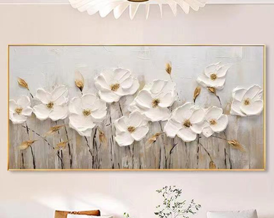 White Flowers With Gold Accents Textured Floral Modern Painting Poster