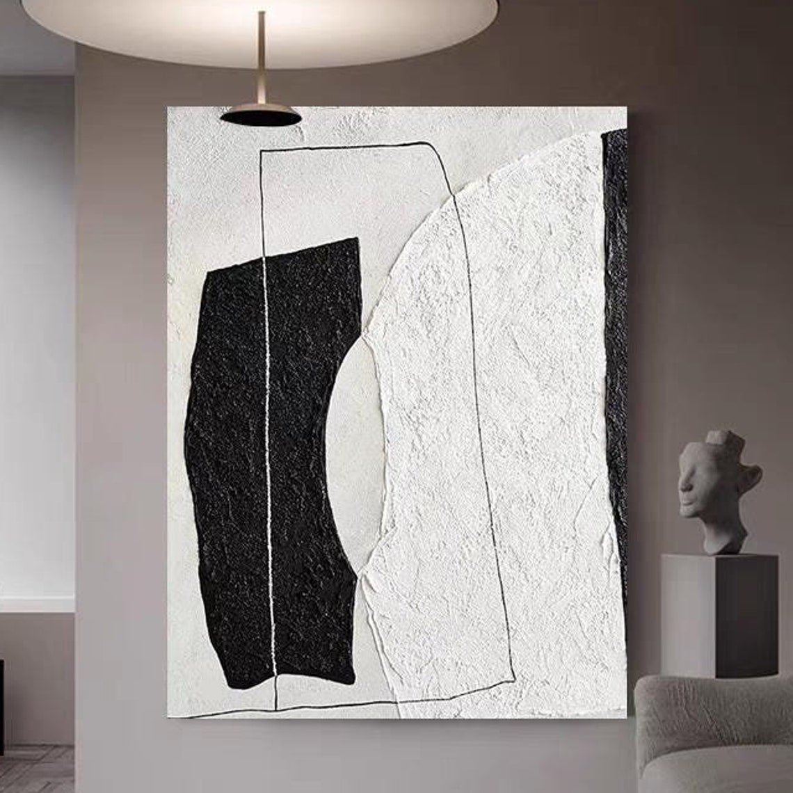 Bold Black Curved Block on White Textured Minimalist Art Poster