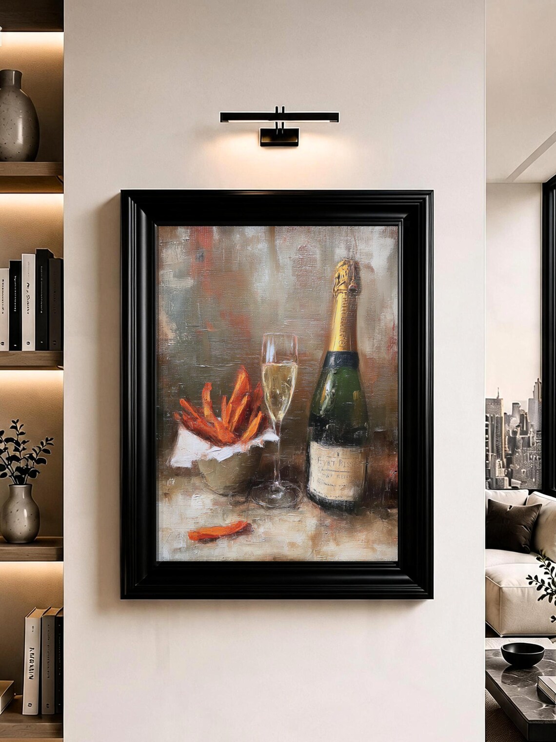 Champagne and French Fries Oil Painting Still Life Poster for Kitchen Bar Decor