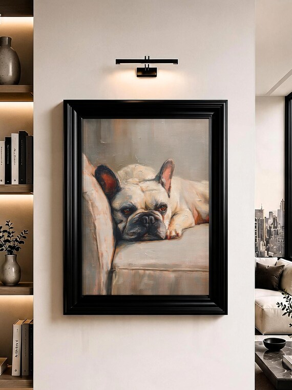 French Bulldog Wall Art Sleepy Frenchie Portrait Oil Painting Print