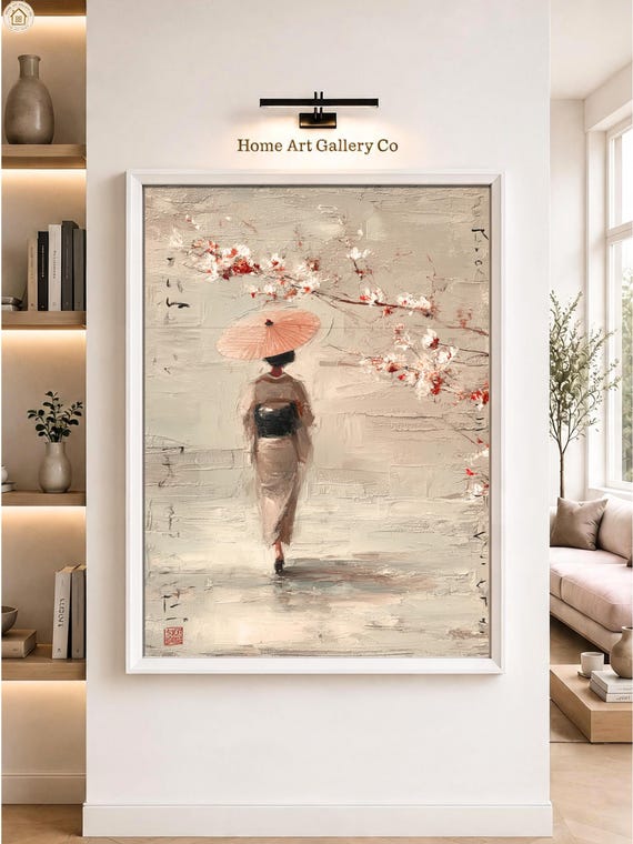 Minimalist Japanese Woman Wall Art Cherry Blossom Parasol Japandi Oil Painting Print
