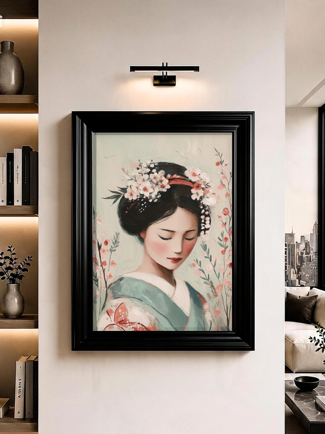 Elegant Japanese Geisha Cherry Blossom Portrait Oil Painting Print