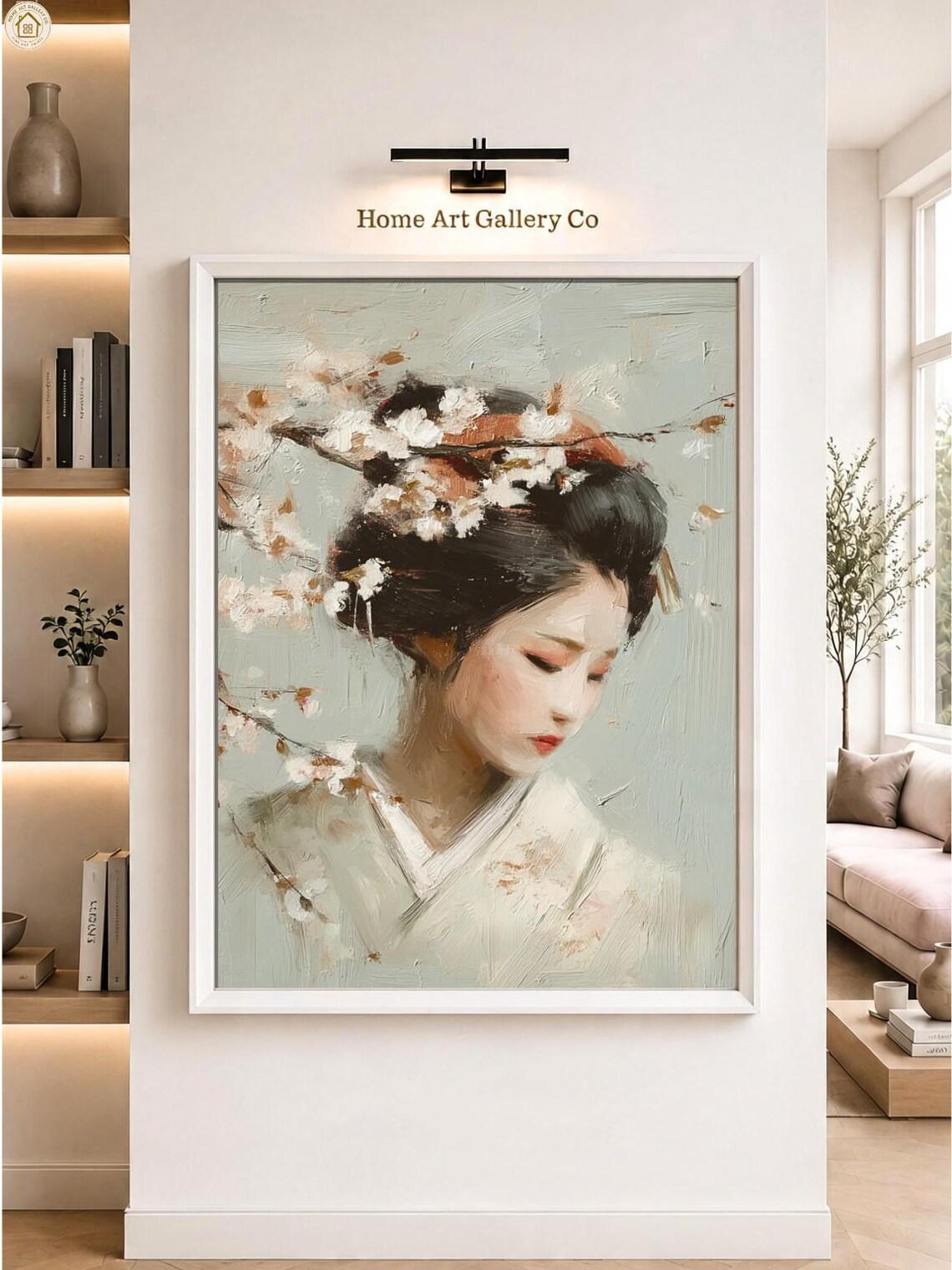 Geisha Woman With Cherry Blossom Branch In Hair Oil Painting Wall Art