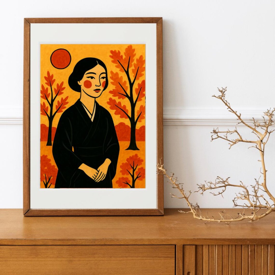 Japanese Woman in Black Kimono Fiery Autumn Trees Red Sun Art Poster
