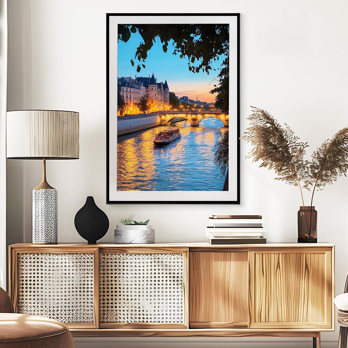 Seine River Dusk Boat Cruise Lit Bridge Paris Evening Poster - Image 3