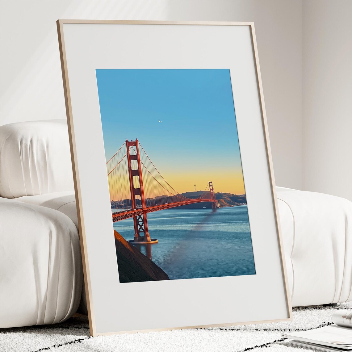 Golden Gate Bridge Sunset Crescent Moon Over Bay Travel Poster - Image 2