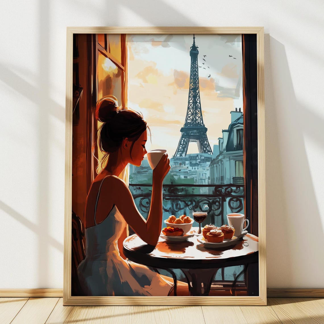 Woman Drinking Coffee Paris Balcony Eiffel Tower Travel Poster