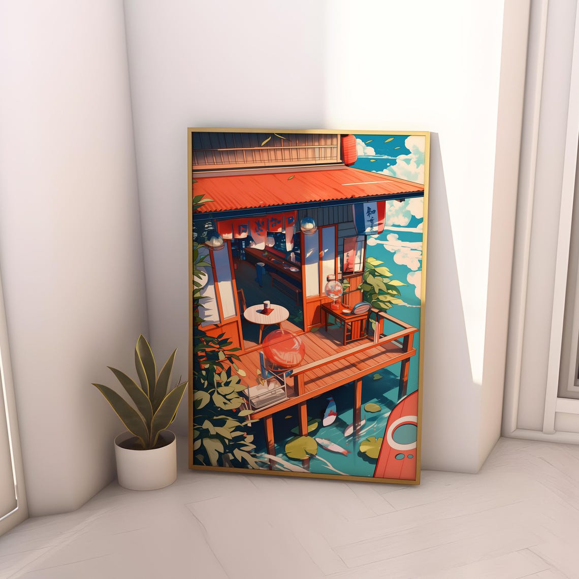 Charming Japanese Cafe on Wooden Stilts Over Koi Pond Anime Poster - Image 4