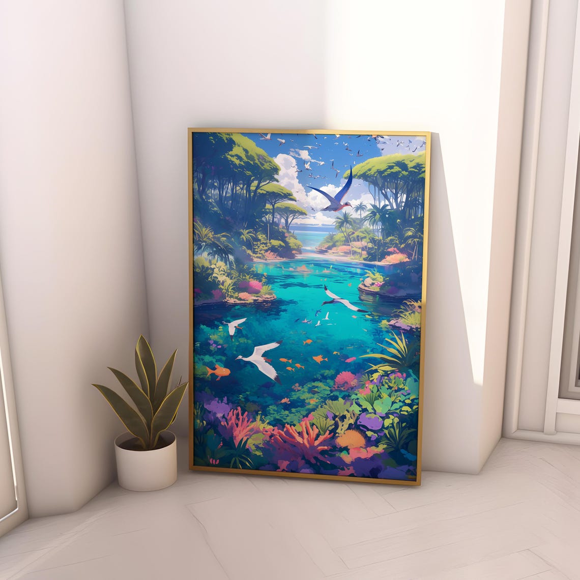 Vivid Tropical Lagoon With Seabirds and Coral Reef Anime Poster - Image 4