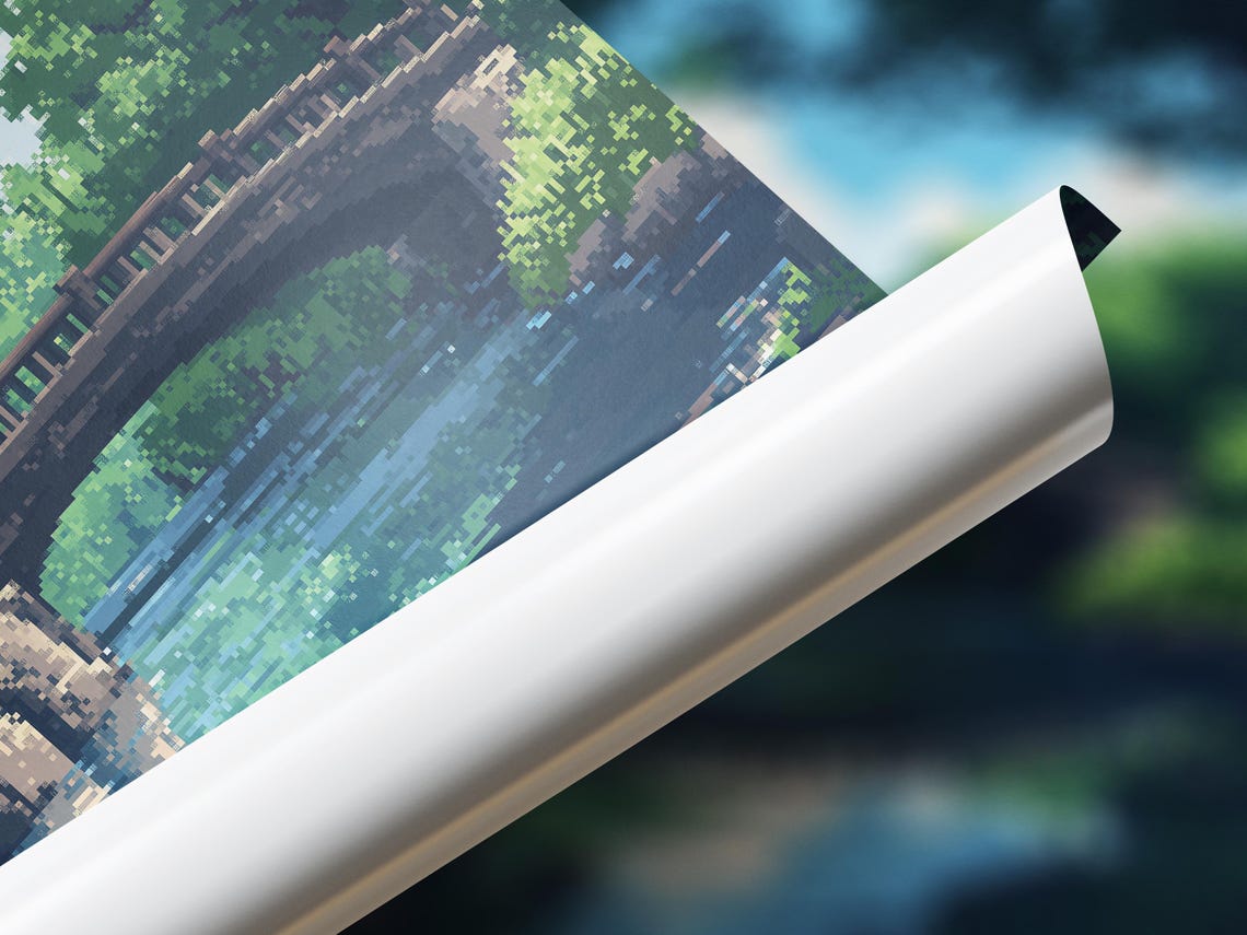Pixel Art Wooden Bridge Forest Pond Serene Nature Landscape Poster - Image 3