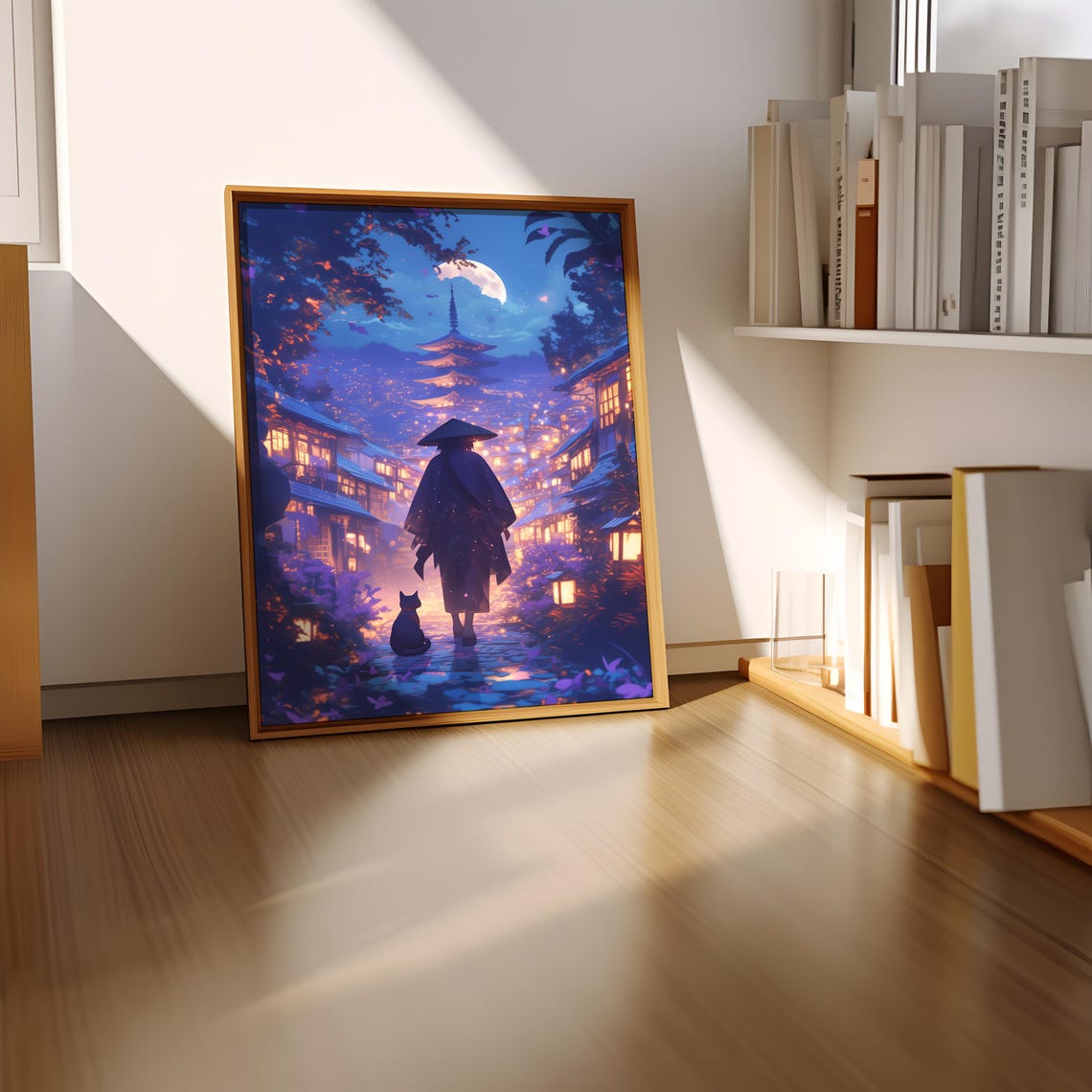 Moonlit Japanese Village Street With Glowing Pagoda and Cat Poster - Image 2